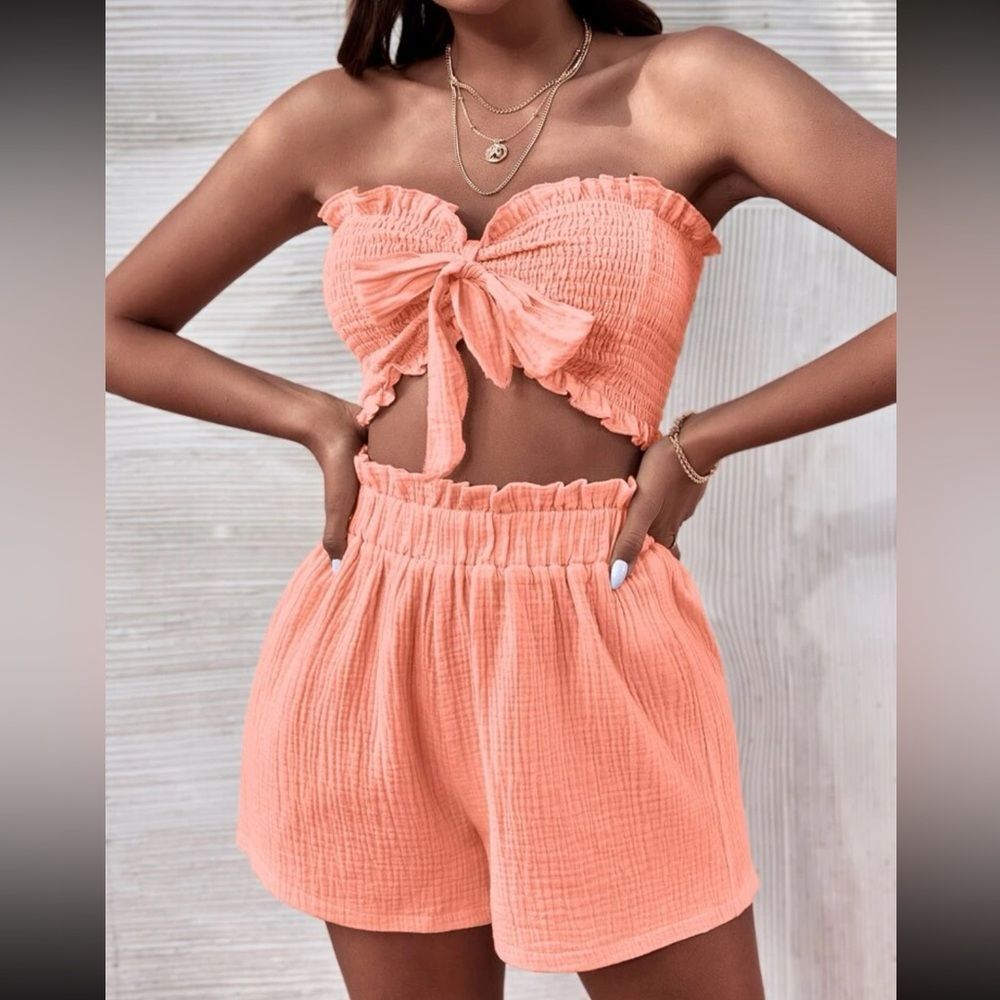 Shirred Frilled Tie Front Tube Top & Paperbag Waist Short